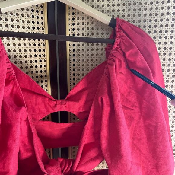 LPA Puff Sleeve Linen Blend Crop Top Self Tie Bow Bold Red Size S - Picture 9 of 9